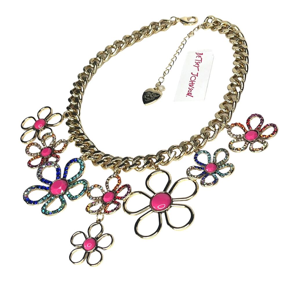 NEW Betsey Johnson FLOWER BIB NECKLACE Gold Tone Curb Chain Crystal Rhinestone
